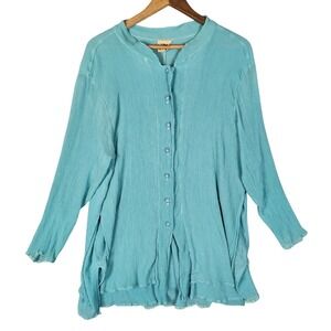 URU Silk Tunic Blouse OS Teal Crinkle Textured Button Front Lagenlook